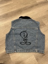 Tweety Bird Denim Jean Vest Large Vector Collar Button Down Black 90s