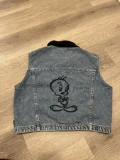 Tweety Bird Denim Jean Vest Large Vector Collar Button Down Black 90s
