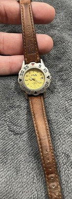 FILA 1500 Professional 200M Diver Watch Yellow Dial Brown Leather Date 