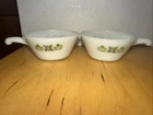 Vintage Fire King White Milk Glass Green Meadow Soup Bowl  With Handle Set of 2