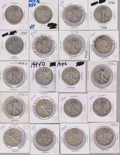 20  Walking Liberty Half Dollars,  p,d,s, mints.  vg-ef, 20 coins,90% Silver