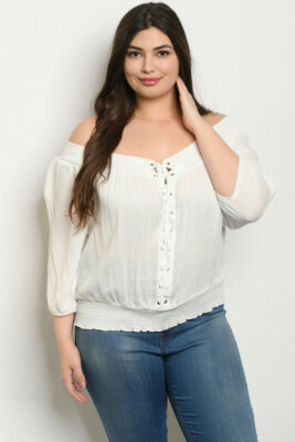Womens Plus Size White Cold Shoulder Top 3XL Lace Up Detail Front 