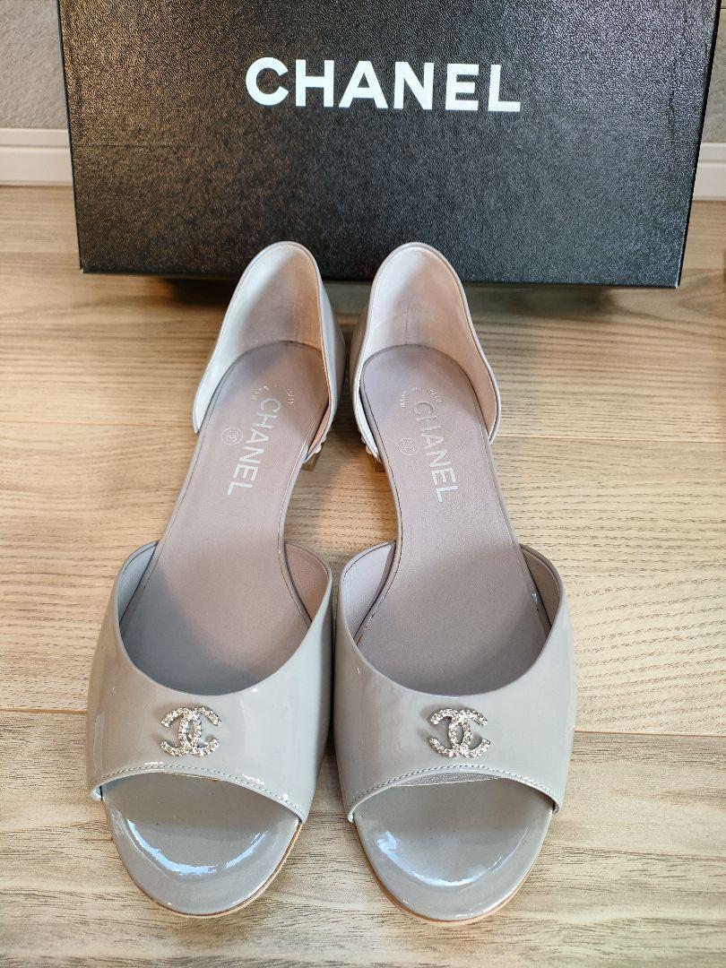 CHANEL Rhinestones CC Logo Gray Open Toe Flat Shoes EUR 38 Used From Japan