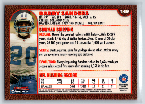 Barry Sanders 1999 Bowman Chrome Base Set Card #149 Detroit Lions - Picture 2 of 2