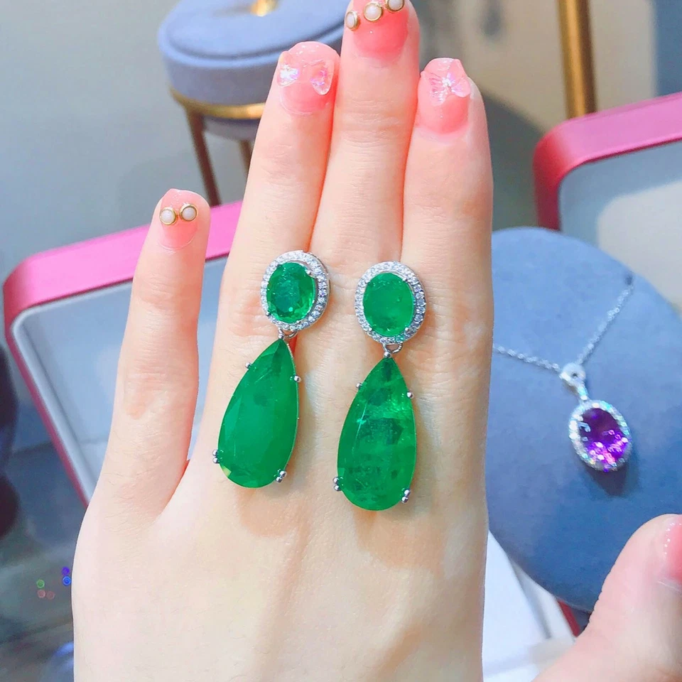 Nuevo Diseño Encantador Color Azul Neón Turmalina Gemas Mujeres Pendientes Colgantes Foto 2 de 4