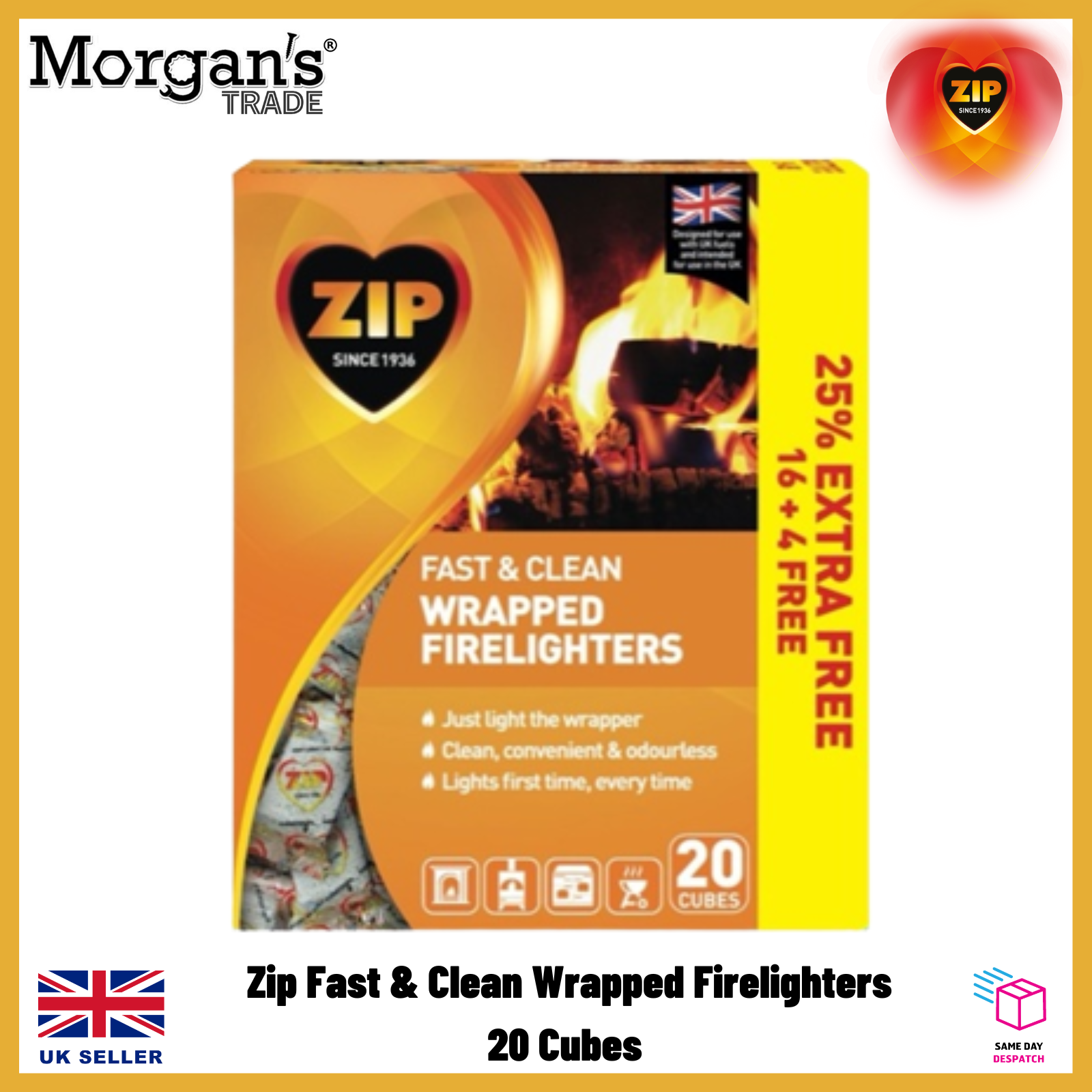 Zip Fire Lighters Fast&Clean Wrapped 25 Free Firelighters 20, 60, 120