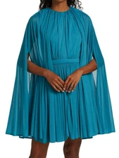 Halston Josie Shirred Cape Dress, Round neckline, Fitted waist, Size 6, $575 NWT