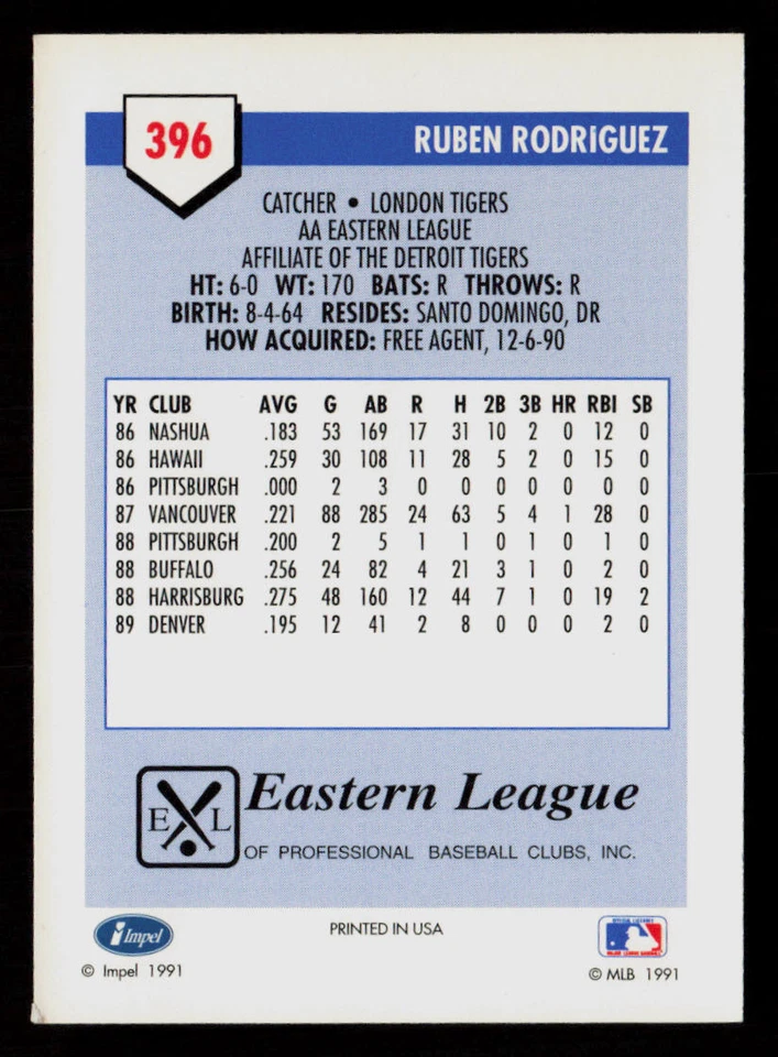 Ruben Rodriguez 1991 Line Drive AA #396 London Tigers Baseball Card - Image 2 of 2