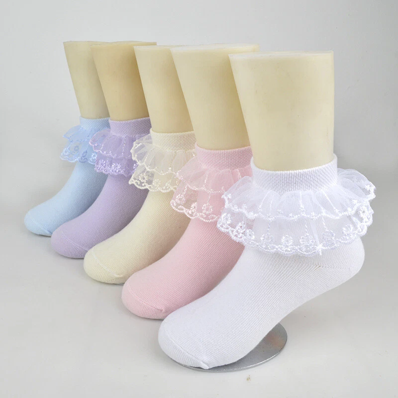 5Pairs Girls Lace Frilly Cotton Short Socks Kids School Party Wedding Dress Sock