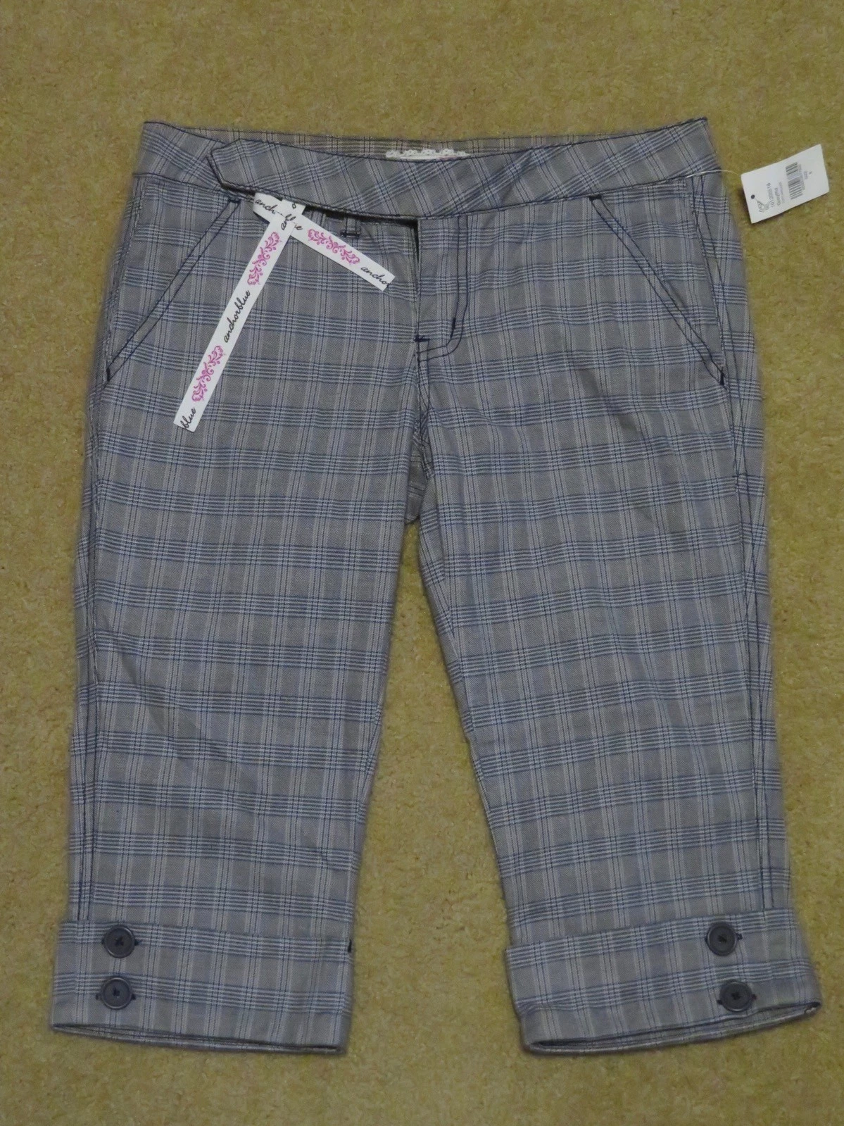 New Women's Anchor Blue Dressy Capris (Cropped Pants) Gray Plaid Junior’s Size 9