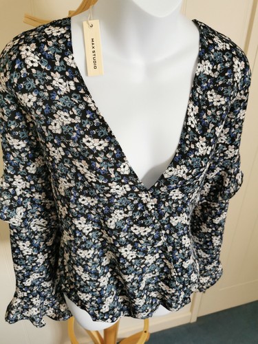 Max Studio Floral Blouse Top Shirt XL 12 14 16 Wrap Front Dip Hem Frill NEW - Picture 5 of 11