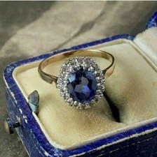 Bague de fiançailles FN en or jaune 14 carats et diamants créés saphir et lab...