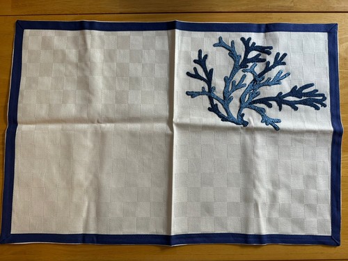 Vintage Navy And White Embroidered Coral 4 Piece Placemat & napkin Set