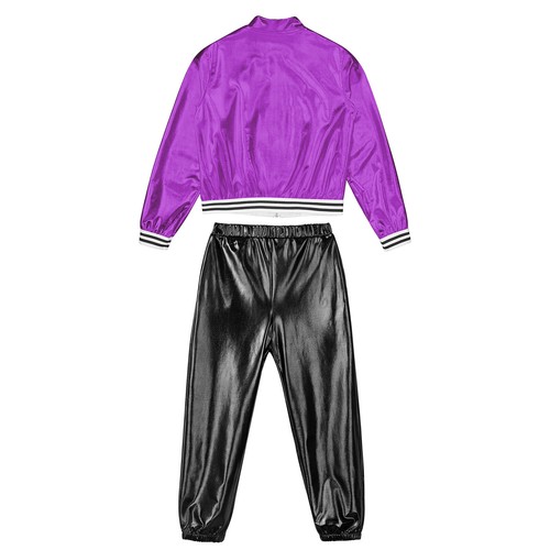 Kids Jazz Hip Hop Dance Costumes Boys Girls Shiny Metallic Jacket and Sweatpants - Picture 7 of 136