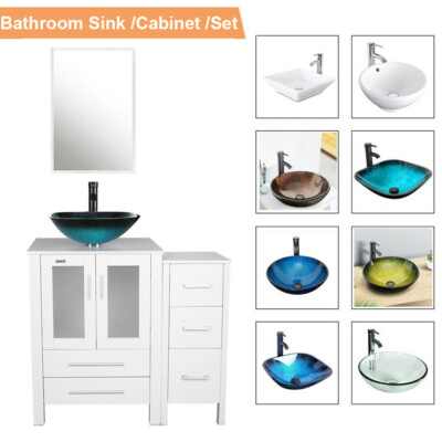 36'' White Bathroom Vanity Side Cabinet Vessel Glass/Ceramic Sink No Mirror
