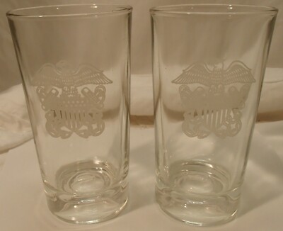 Pair of Etched Eagle/Nautical USA Shield Design Bar 8 oz Drink Glasses