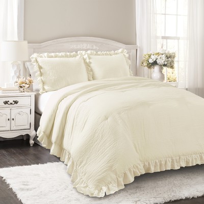 Miley 3 Piece Pleated Ruffled Comforter Set w// Pillow Shams Soft Bedding Ivory