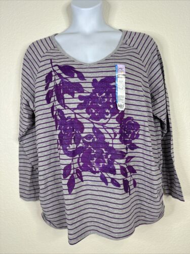 NWT JMS Womens Plus Size 3X Purple/Gray Floral Stripe V-neck T-shirt Long Sleeve