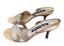 Nina Gold Rhinestone Sling back Sandals Heels Fabric Size 6.5 Metallic Going Out