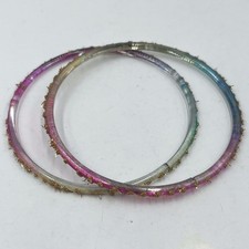 Vintage Set of 2 Glass Bangles Pink Blue Clear Gold Floral Tinsel Detail Size 7