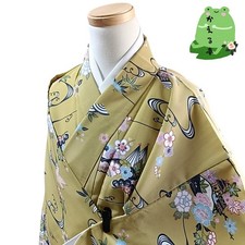 Kaerutei Shi5 Kimono Synthetic Fiber Yellow Pattern Bird Flower Japan