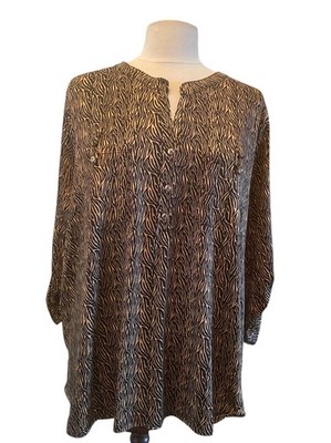 NY Collection Top Womens 2X Popover Animal Print Roll Tab Plus Front Pockets