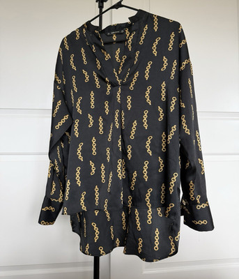ZARA BASIC Women's L Black Gold Chain Print V-Neck Long Sleeve Blouse