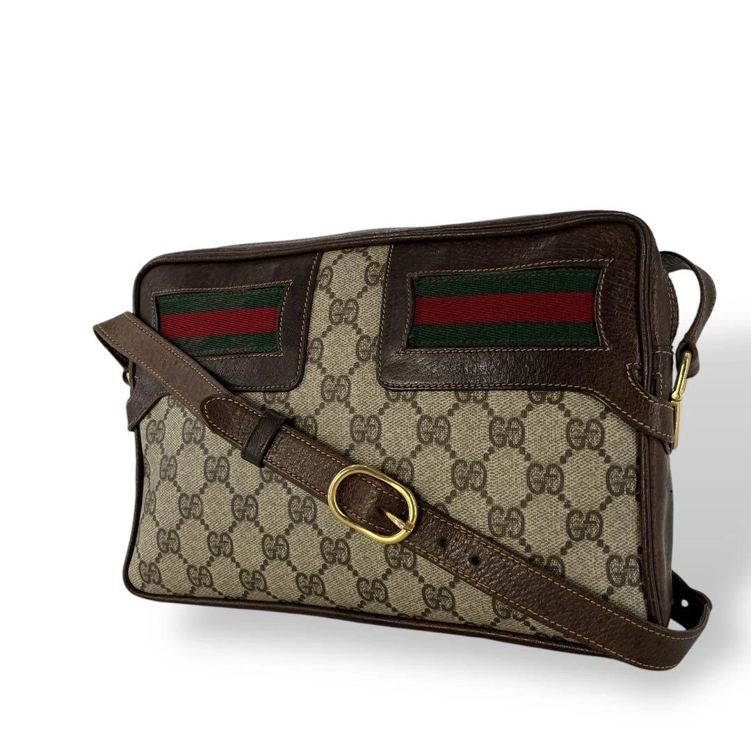 Sac à bandoulière Gucci GG motif intégral ligne sherry logo cuir marron beige aa