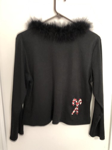 Maglione Natalizio Jack B Quick Nero Rosso Paillettes Canne di Caramelle Ecopelliccia Taglia L - Foto 8 di 11