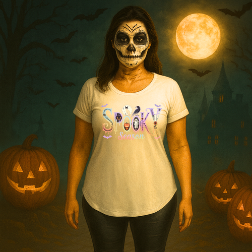 ROCKTHOSECURVESDipped-Hem T-Shirt with Spooky Halloween print - Picture 10 of 21