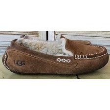 UGG Sz 10 Brown Suede Ansley Shearling Moccasin Slippers Minimalist Cozy Warm