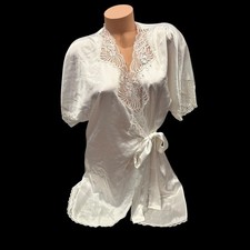 Vintage 90s White Satin Lace Wrap Robe  Bridal Coquette Cottagecore Saks S/M
