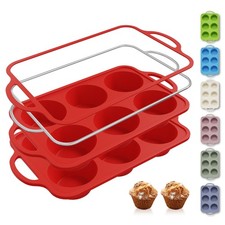 2 Packs 6 Cups Silicone Muffin Pan with Metal Reinforced Frame Jumbo Size Cup...