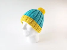 Eric Cartman Pom Cosplay Fandom Hat Turquoise & Yellow Hand Knitted Costume