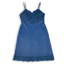 Vtg 60s Vanity Fair Full Slip Dress 34 Navy Blue Lace Bodice Trim Nylon Tricot
