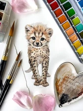 Original Watercolor Baby Cheetah 6x8 Painting Unique Artwork  Small Wall Art