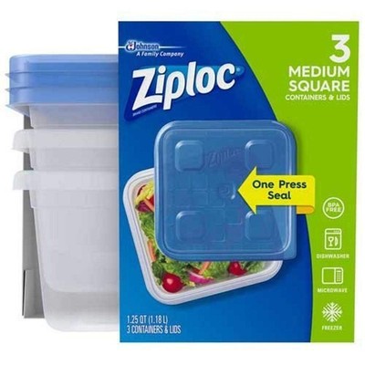 Ziploc Medium Square Food Storage Containers, 3 Count, Clear, 3qt, With Lid