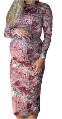 Blanc Clothing Mauve Floral Print Dress (Maternity - Regular) Stretchy Size M