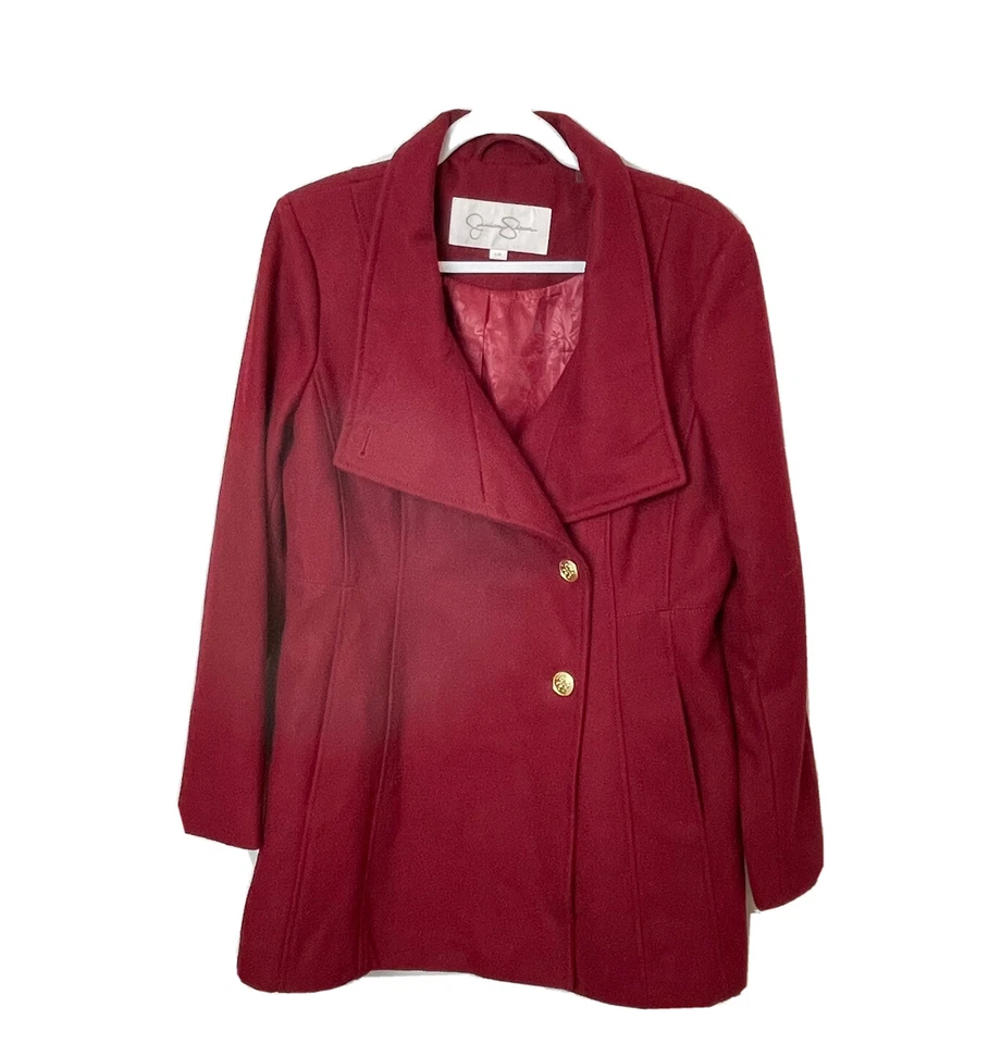 Abrigo para mujer Jessica Simpson L rojo y dorado mezcla de lana forrado de longitud media CD3 Foto 2 de 4