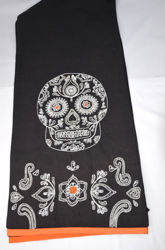 Nicole Miller Sugar Skull Table Runner Halloween Beaded Crystals 14x74 Orange - Picture 2 of 5