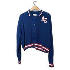AMERICAN EAGLE varsity AE cardigan sweater vintage style sz L EUC navy preppy
