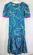 Vtg TORI RICHARD Honolulu Midi Dress Women's Sp Floral Teal Purple Tiki Hawaii