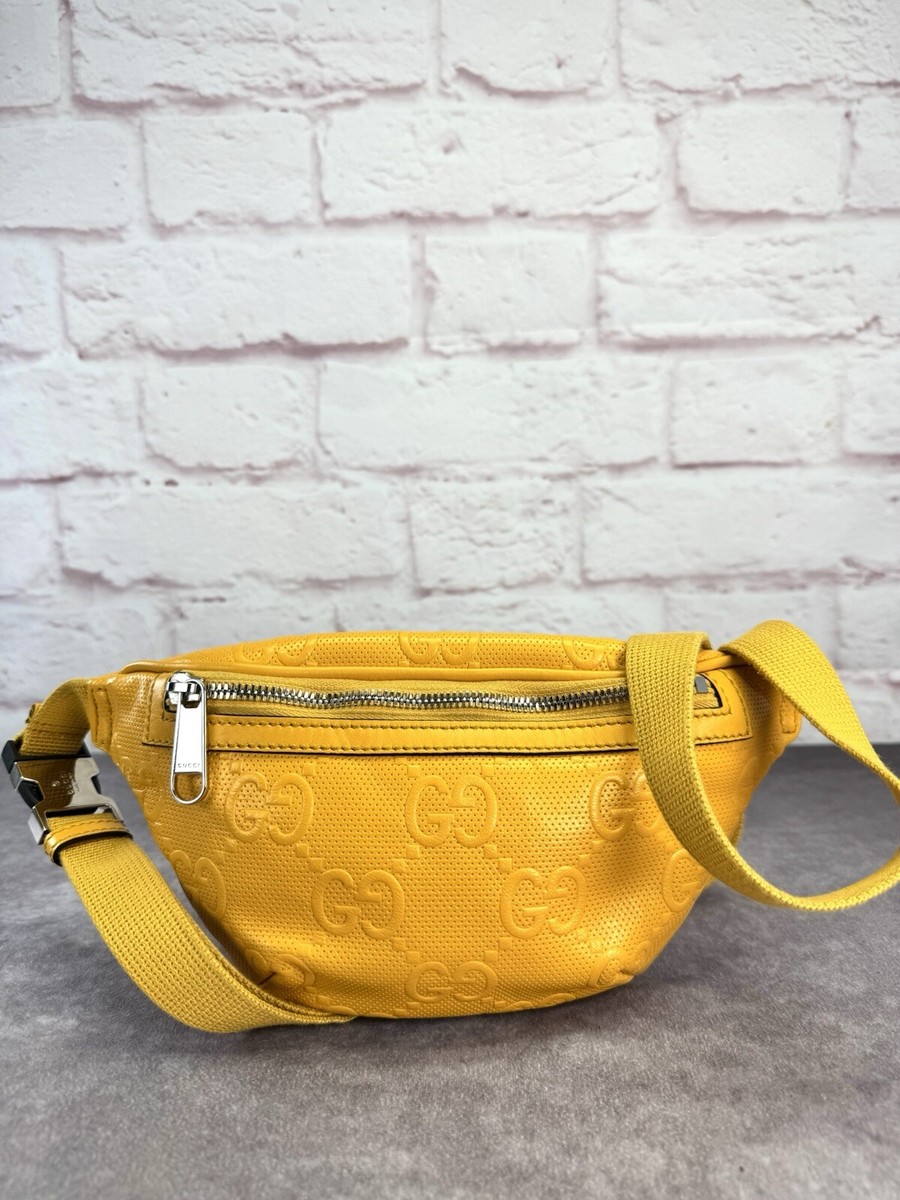 Gucci Embossed Gg Leather Perforated Belt Fanny Sling Bag Yellow