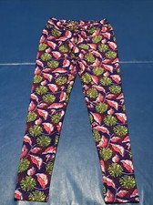 lularoe leggings os polyester blend blue pink green leaves B24