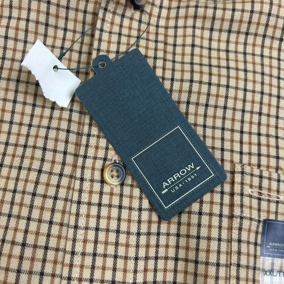 Arrow Shirt Mens 18-18.5 XXL Brown Plaid Flannel Long Sleeves Button Up NWT - Image 3 of 4