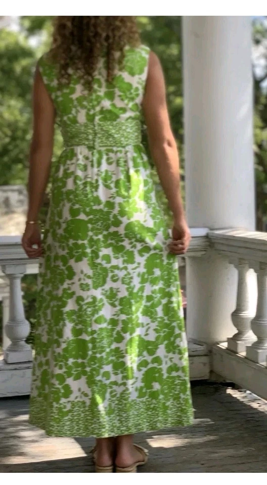 VESTIDO MAXI VINTAGE AÑOS 70 LEE STEVENS of Miami verde neón blanco floral sin mangas s/m Foto 4 de 4
