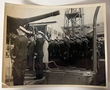 Vtg 1940s US Navy Battleship Cannon Photo Naval Officers Ceremony WWII Era