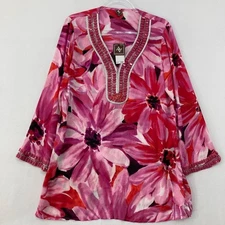 New Adrienne Vittadini Large Pink Floral Embellished Tunic Vacation Resortwear