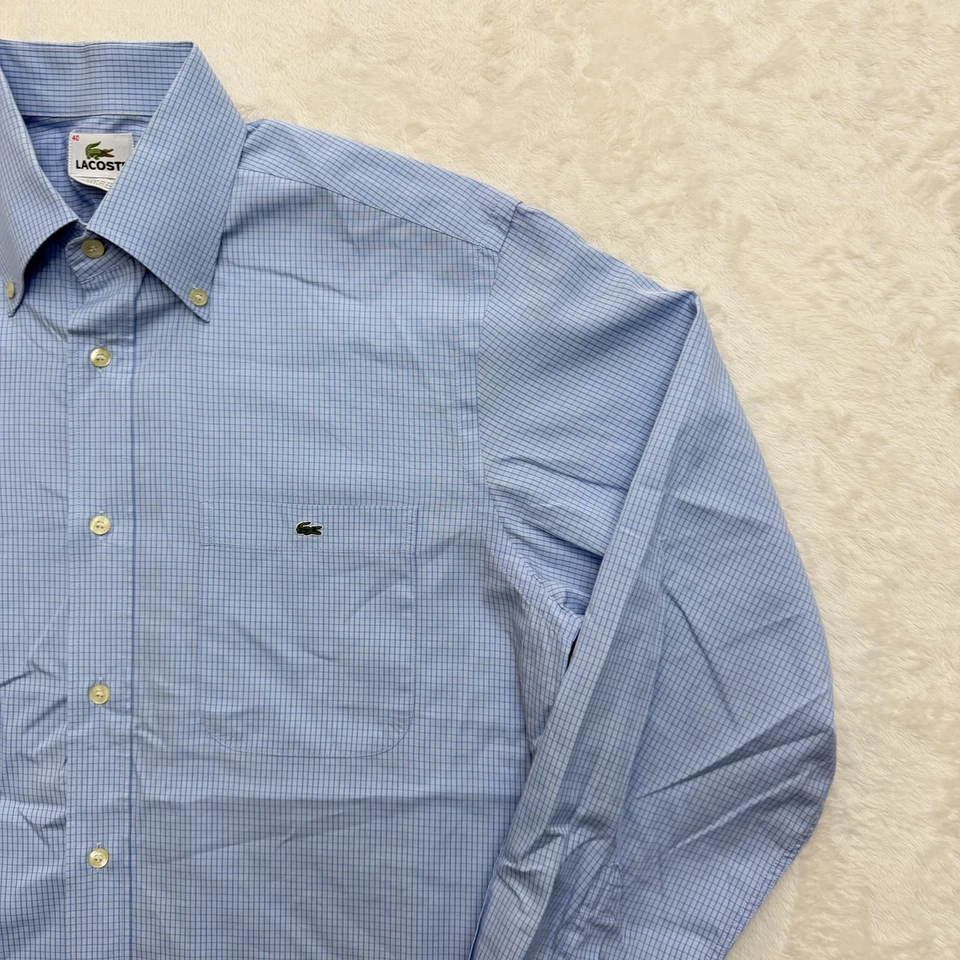 Camisa masculina Lacoste média 40 azul xadrez botão para baixo manga longa algodão casual - Imagem 3 de 4
