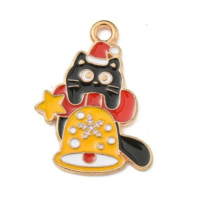 10 schwarze Katze mit Weihnachtsglockenform goldfarbene Anhänger & Emaille-Detail